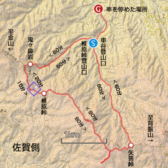鬼ヶ鼻岩（直登、車谷ルート）マップ