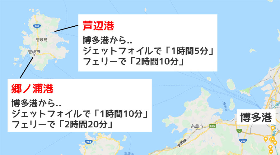 博多港から壱岐島の郷ノ浦港や芦辺港への航路と所要時間